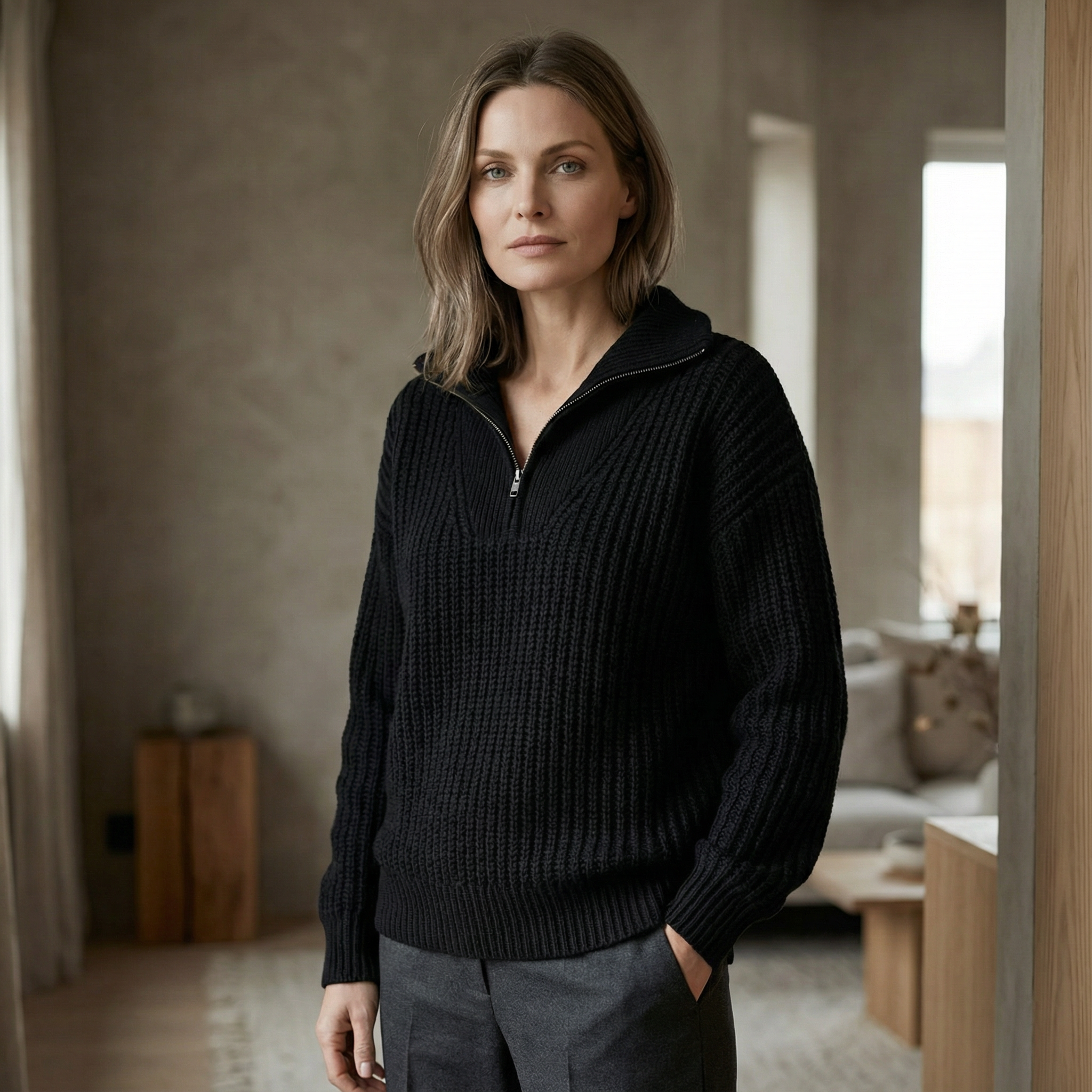 Strikket pullover med lynlås og turtleneck til Dame