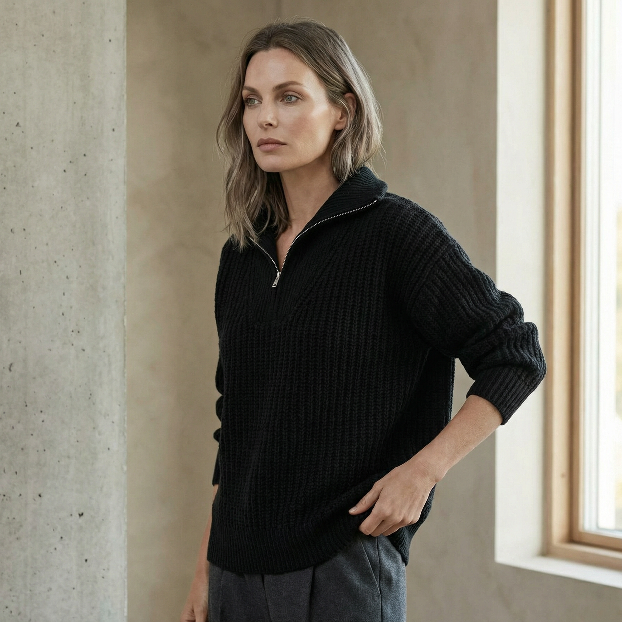 Strikket pullover med lynlås og turtleneck til Dame