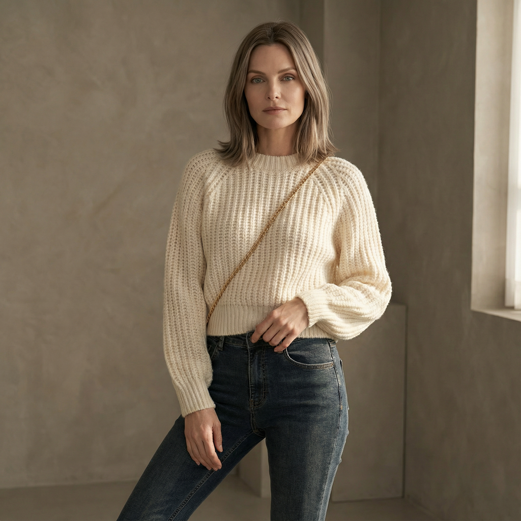 Striktrøje med rund hals til Dame