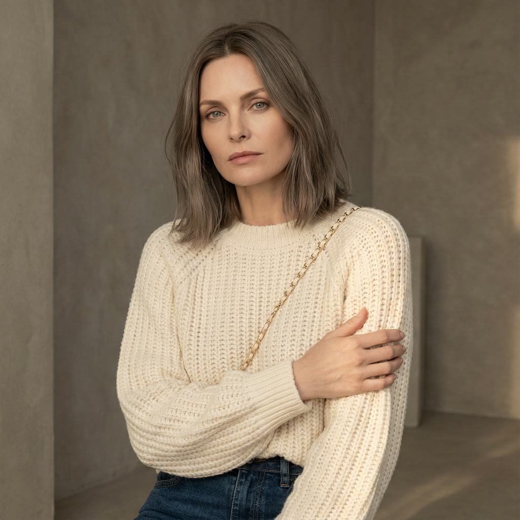 Striktrøje med rund hals til Dame