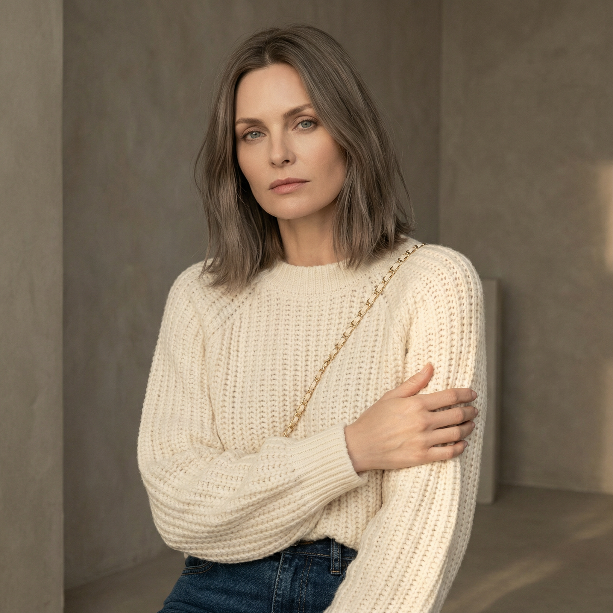 Striktrøje med rund hals til Dame