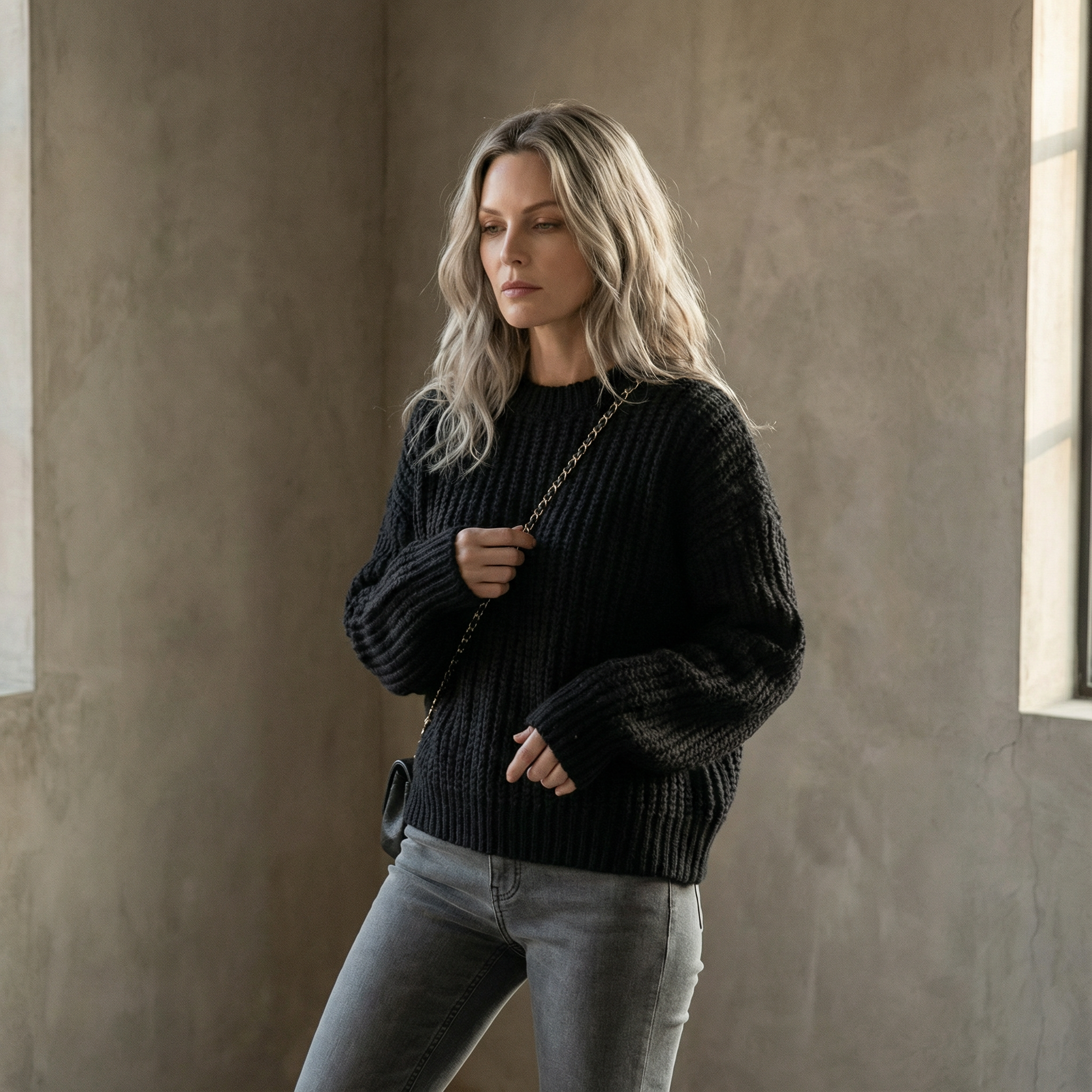 Striktrøje med rund hals til Dame