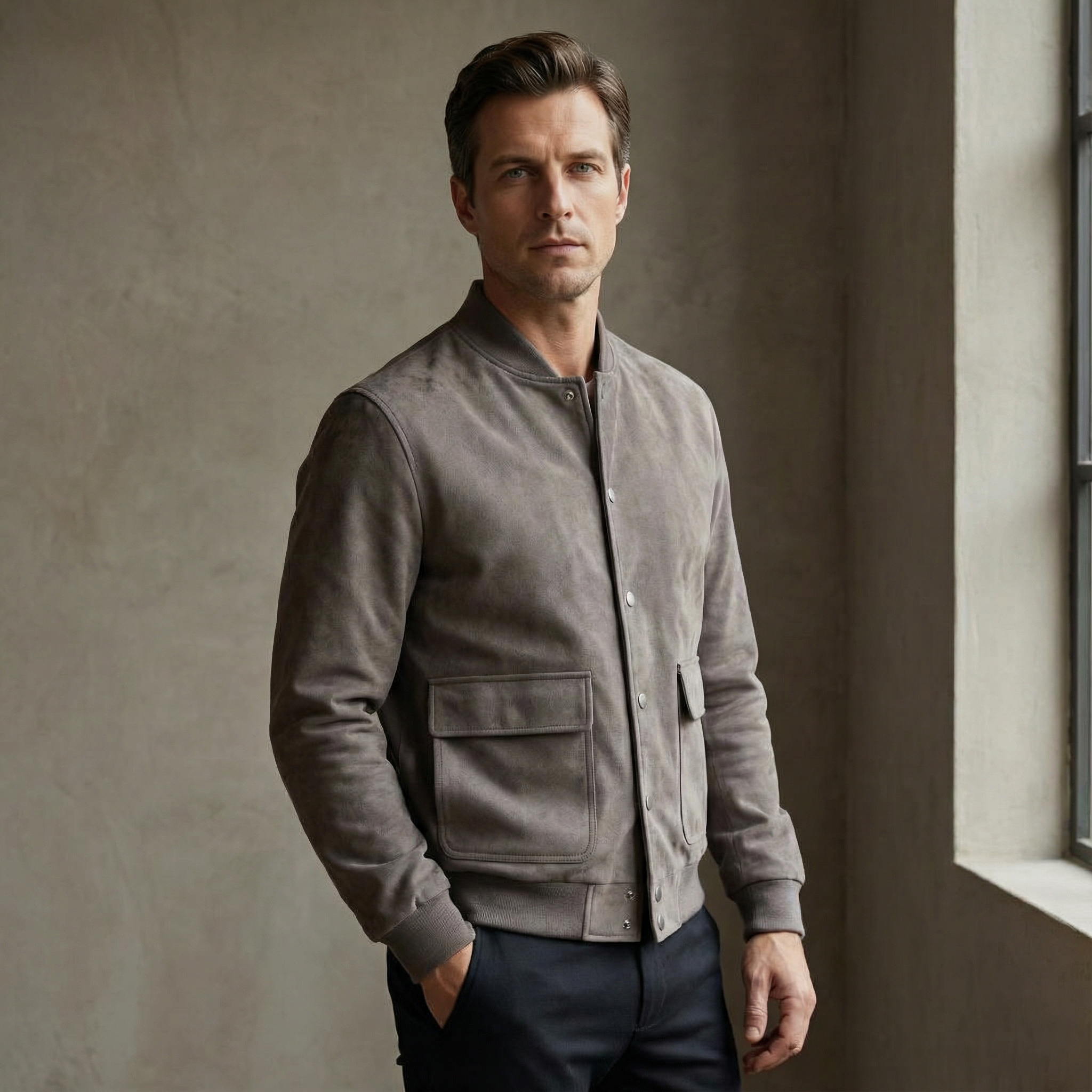 Bomberjakke i ruskind med knaplukning til Herre