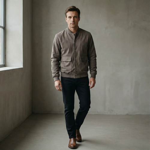 Bomberjakke i ruskind med knaplukning til Herre