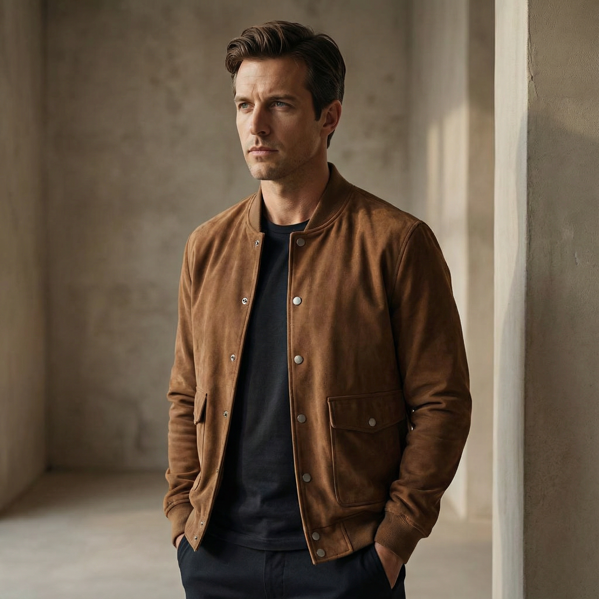 Bomberjakke i ruskind med knaplukning til Herre