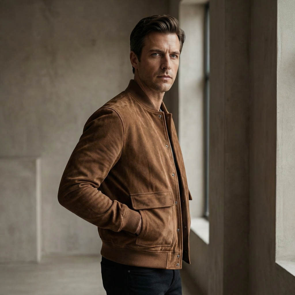 Bomberjakke i ruskind med knaplukning til Herre