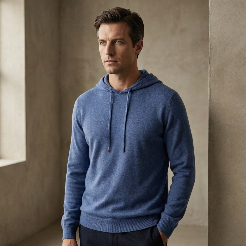 Strikket hættetrøje i merinould til Herre