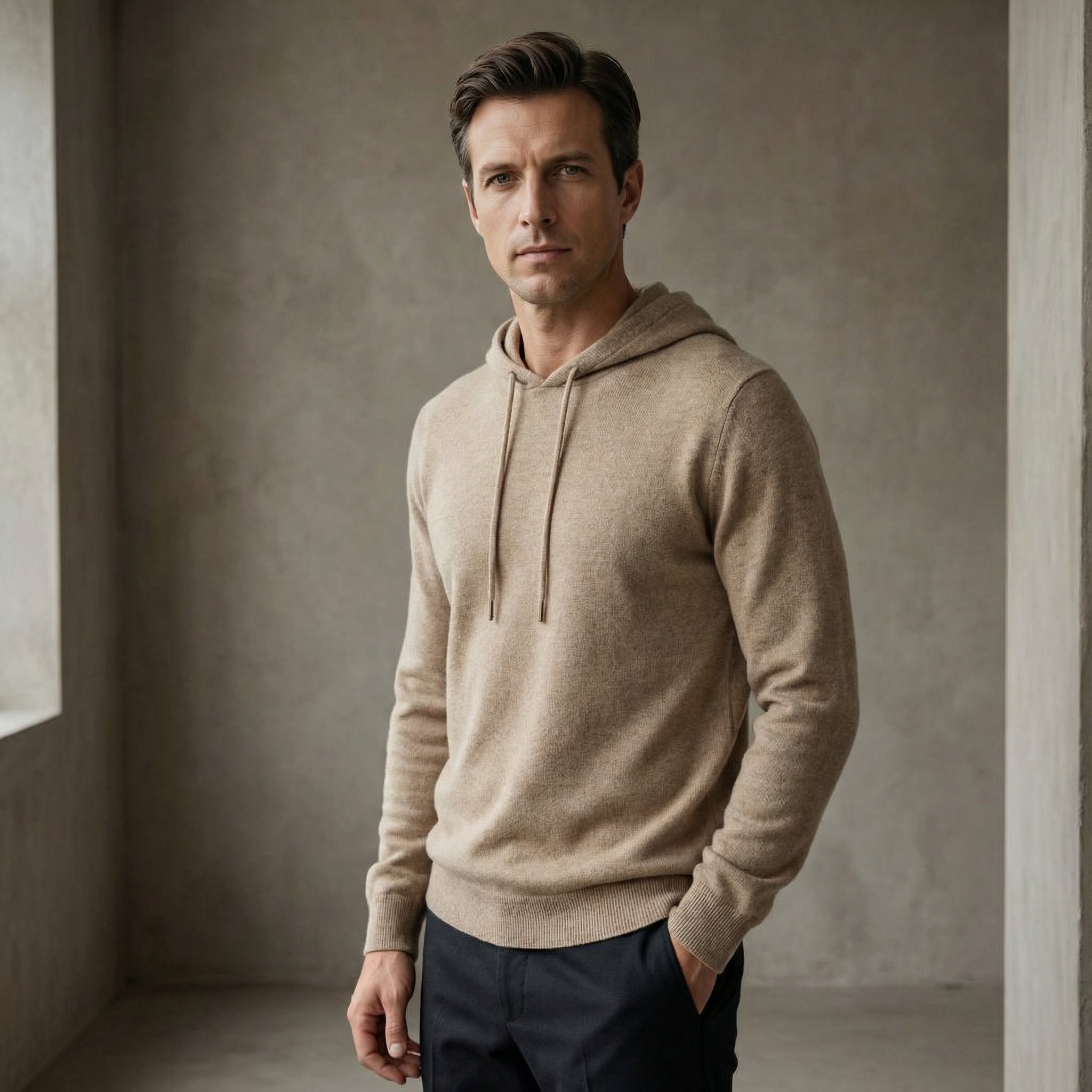 Strikket hættetrøje i merinould til Herre