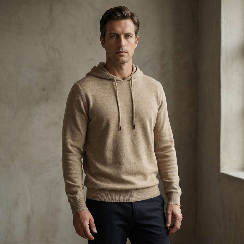 Strikket hættetrøje i merinould til Herre