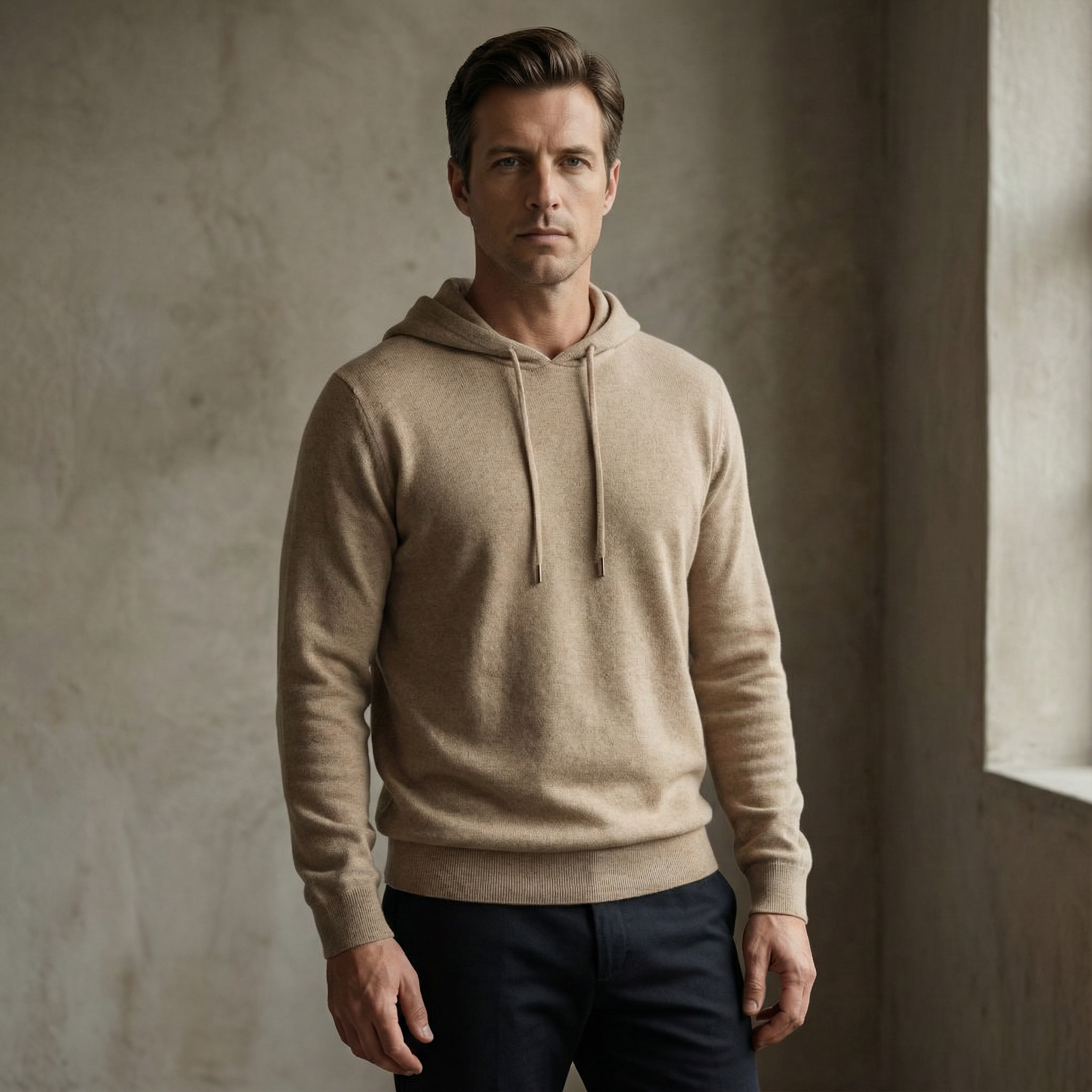 Strikket hættetrøje i merinould til Herre