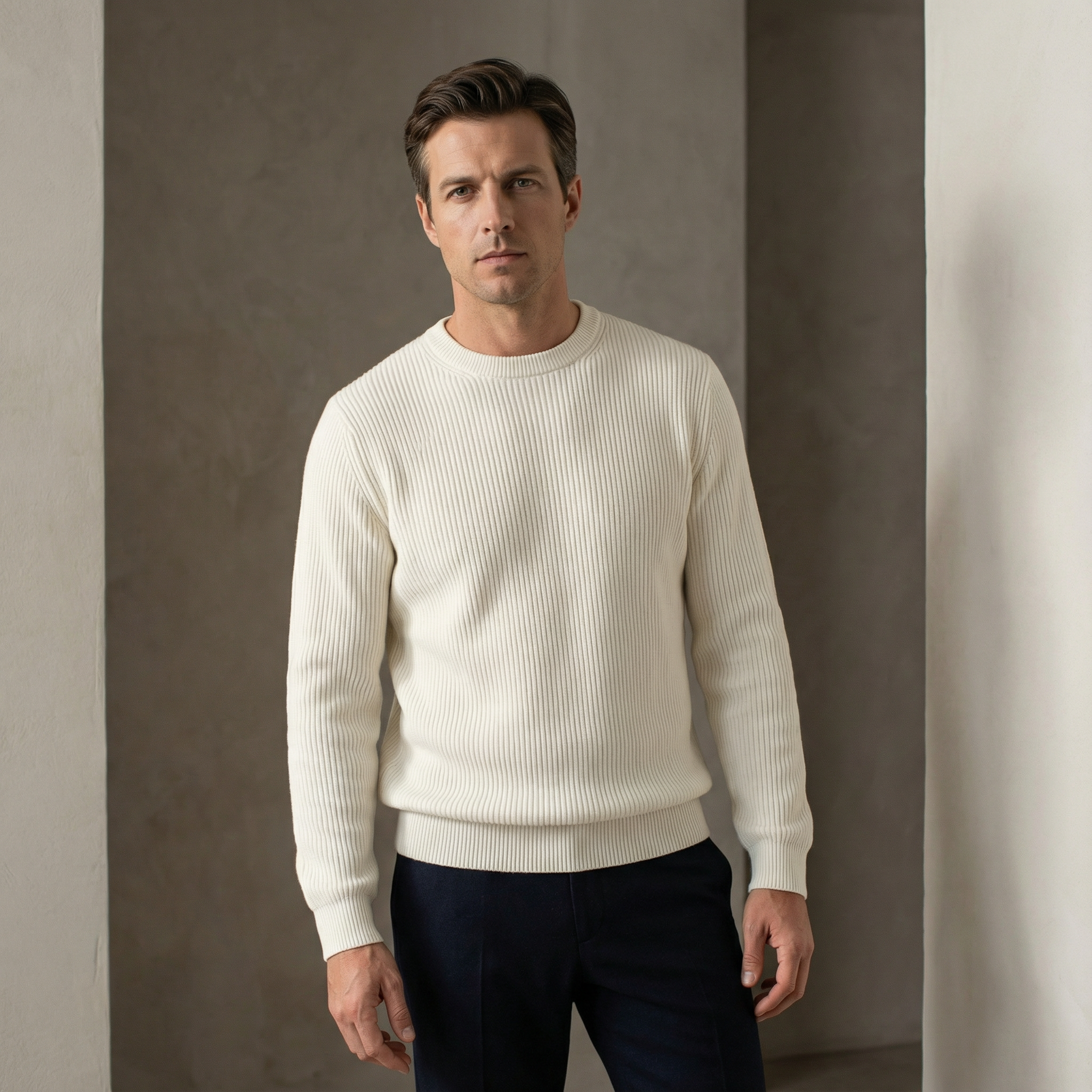 Ribstrikket sweater i uldblanding til Herre