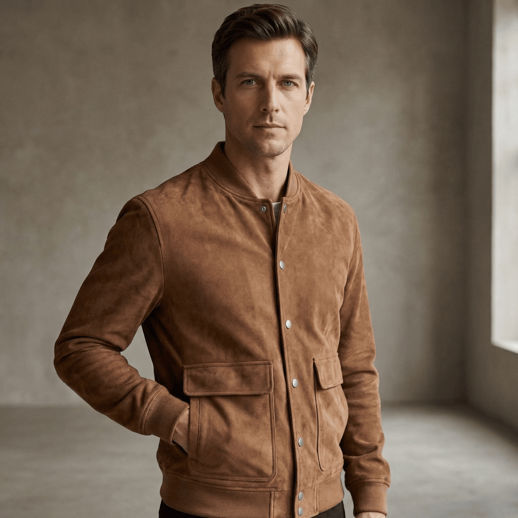 Bomberjakke i ruskind med knaplukning til Herre - LunorWear