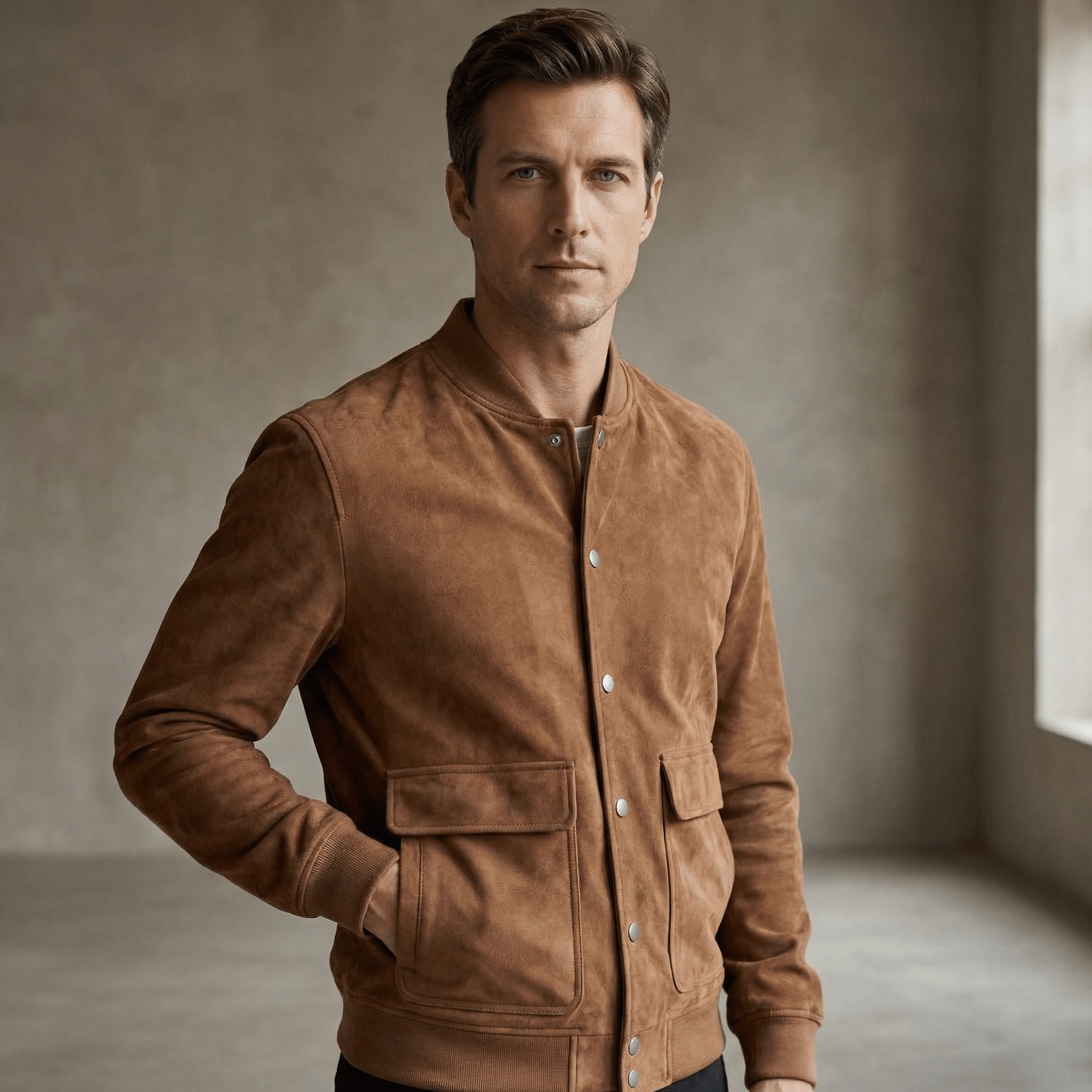 Bomberjakke i ruskind med knaplukning til Herre - LunorWear