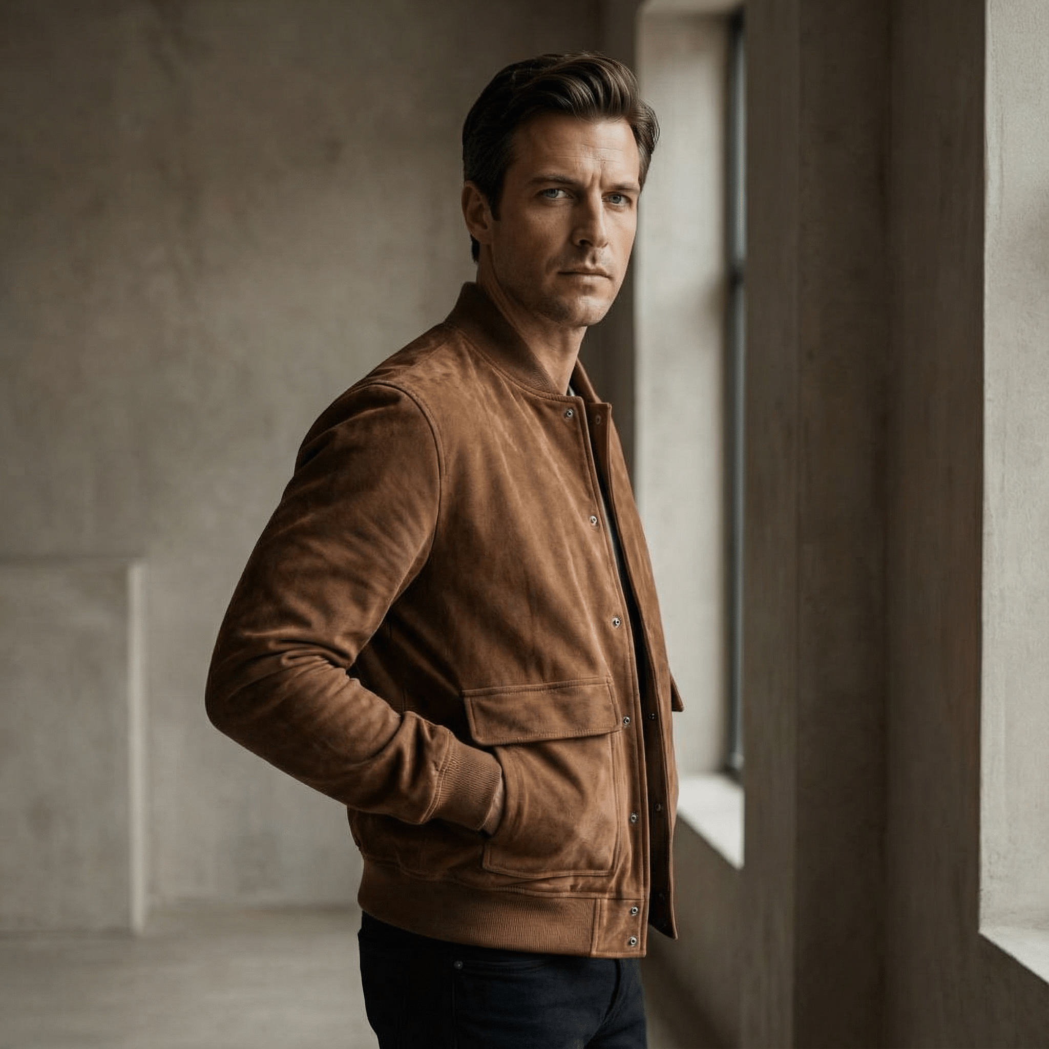 Bomberjakke i ruskind med knaplukning til Herre - LunorWear