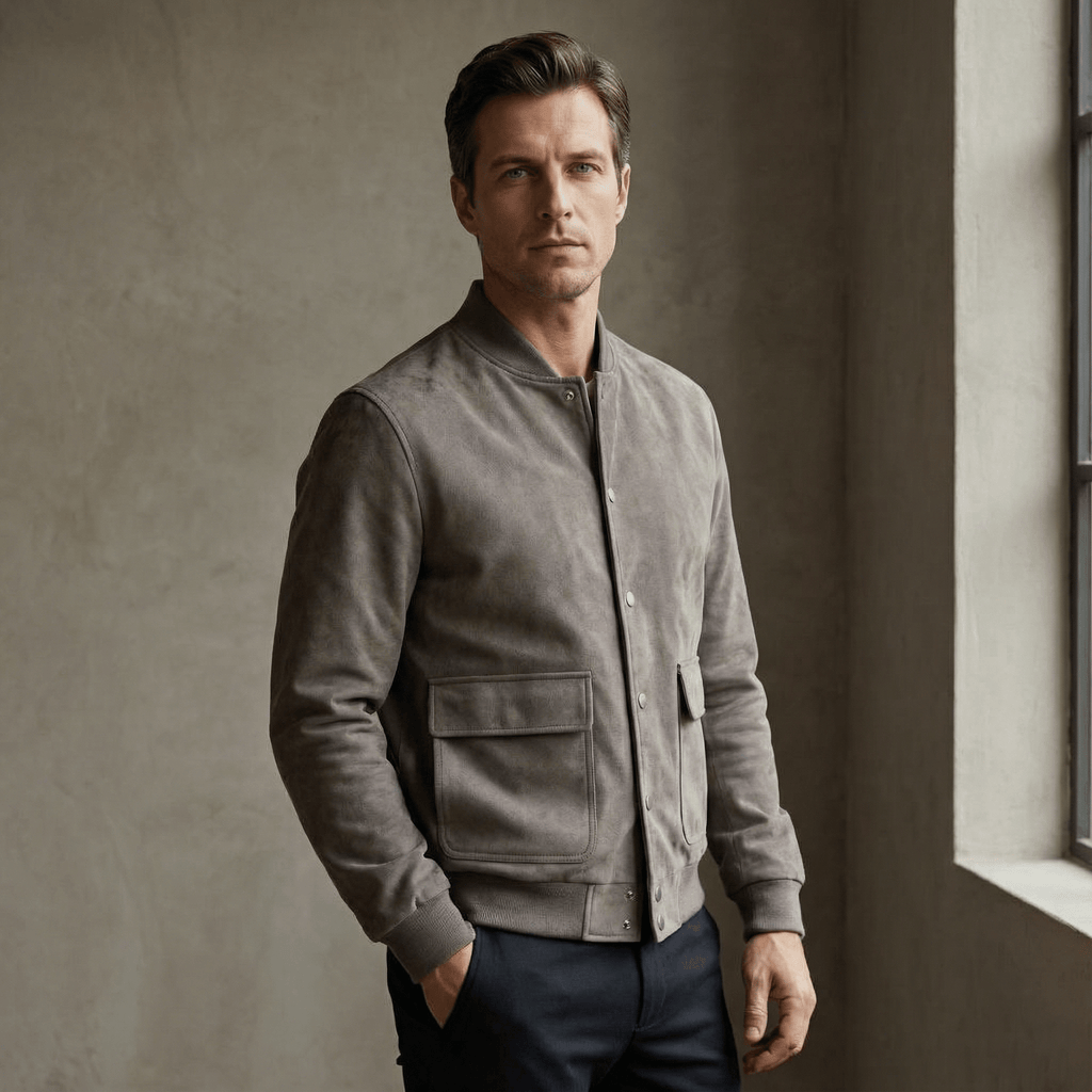 Bomberjakke i ruskind med knaplukning til Herre - LunorWear