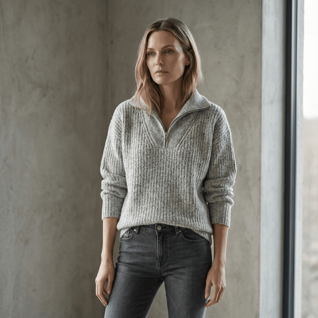 Strikket pullover med lynlås og turtleneck til Dame - LunorWear