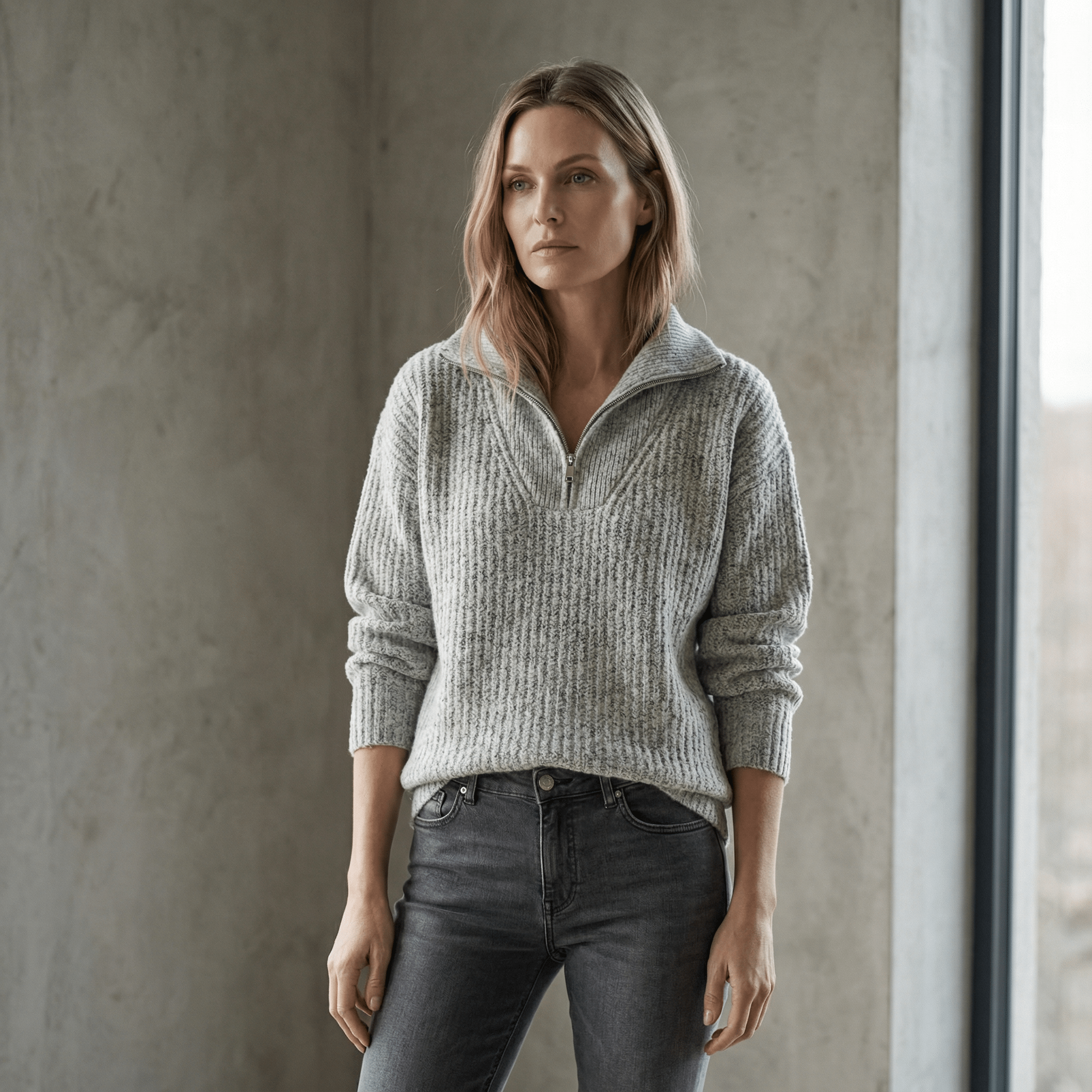 Strikket pullover med lynlås og turtleneck til Dame - LunorWear