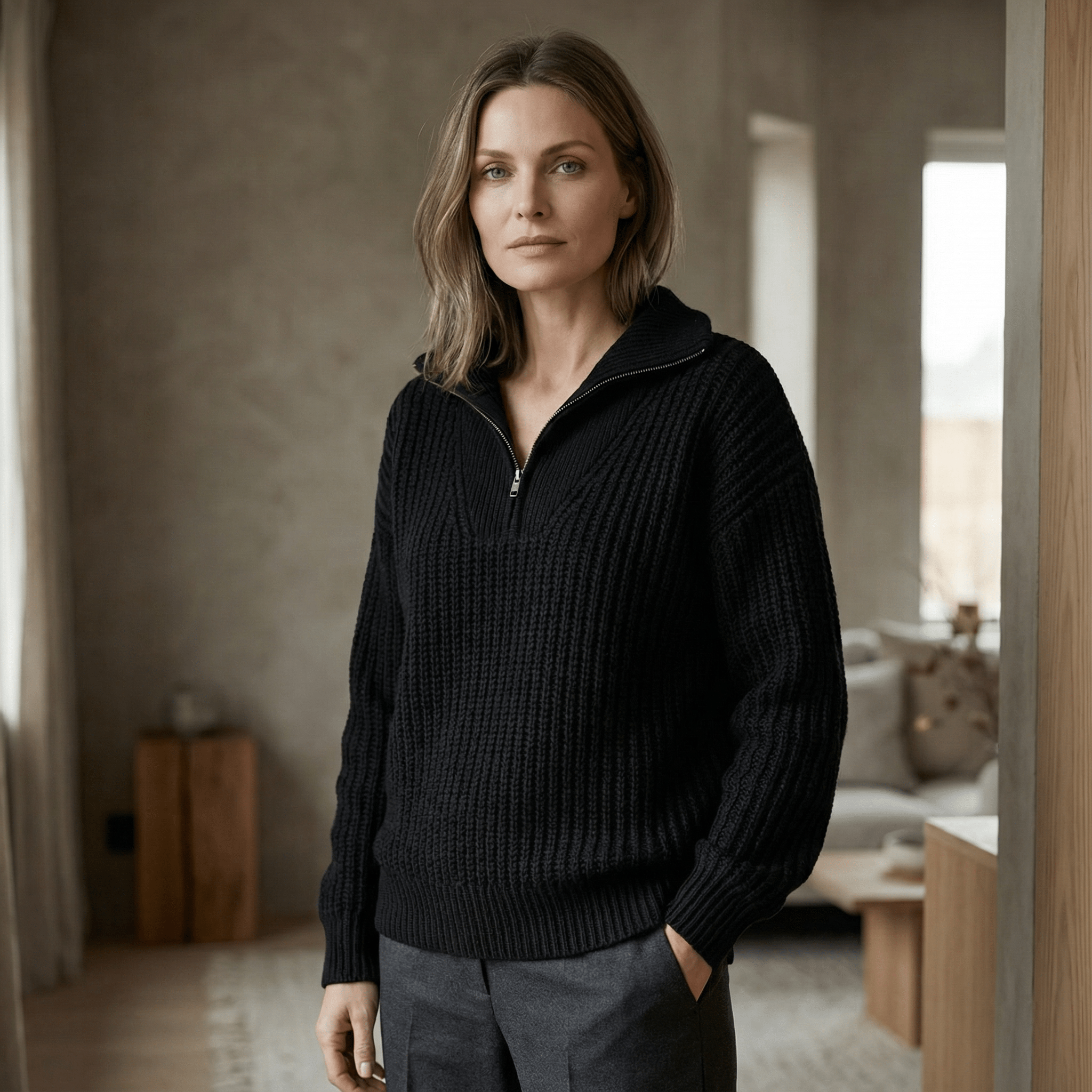 Strikket pullover med lynlås og turtleneck til Dame - LunorWear