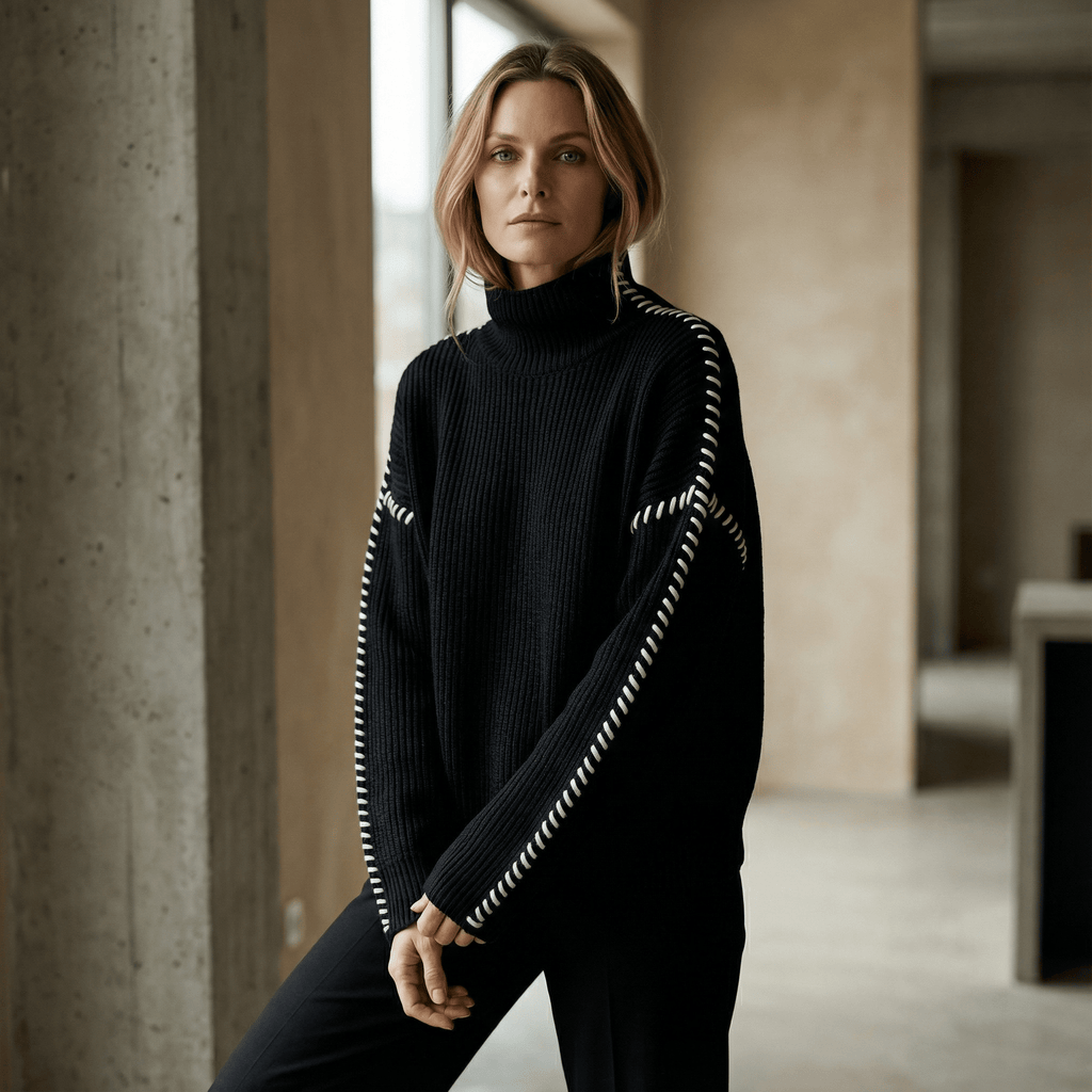 Strikket sweater med høj hals og kontrastdetaljer til Dame - LunorWear