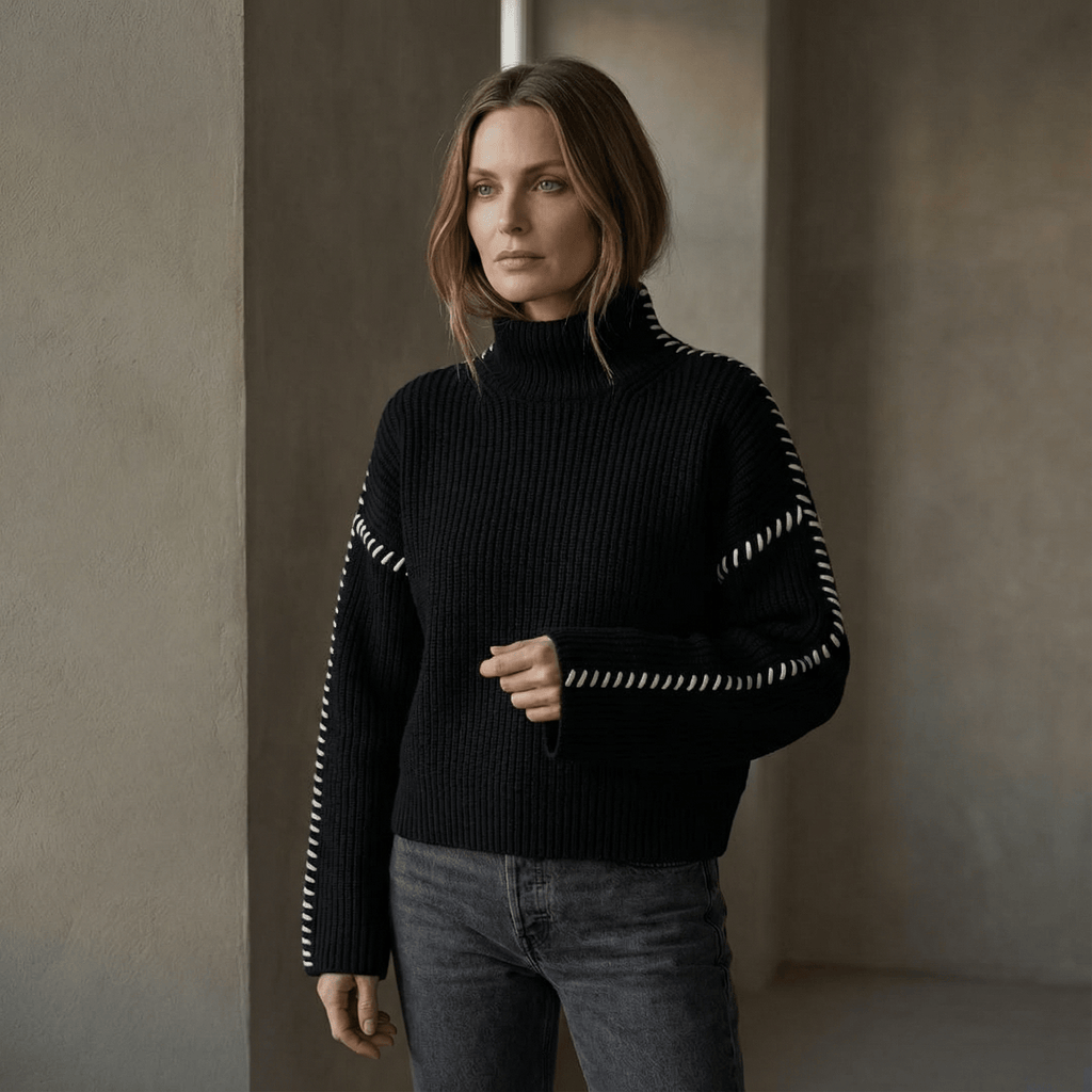 Strikket sweater med høj hals og kontrastdetaljer til Dame - LunorWear